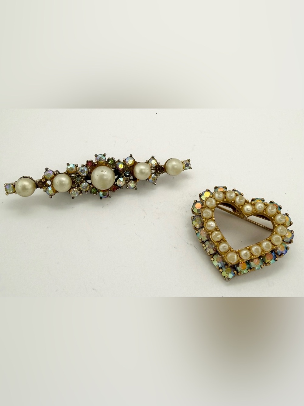 Vintage Pearl and Aurora Borealis AB Czech Crystal Brooch Scarf Pin Heart